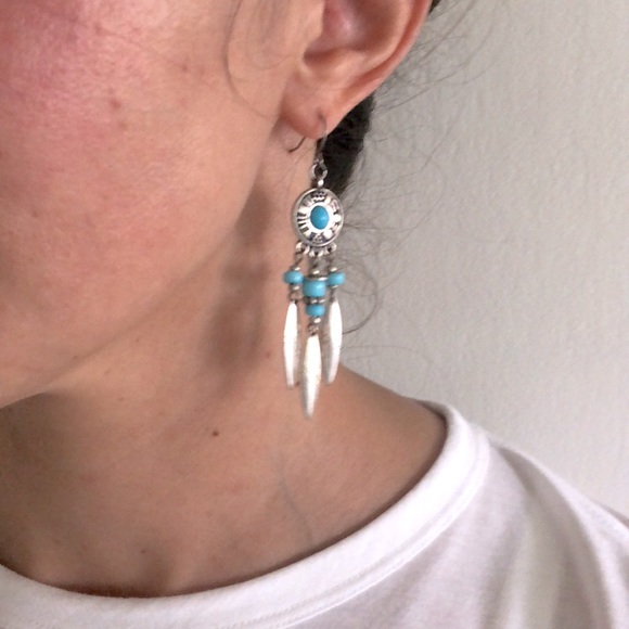 Vintage Turquoise Beaded Silver Feather Earrings | Boho Western Drop Earrings - Picture 3 of 3